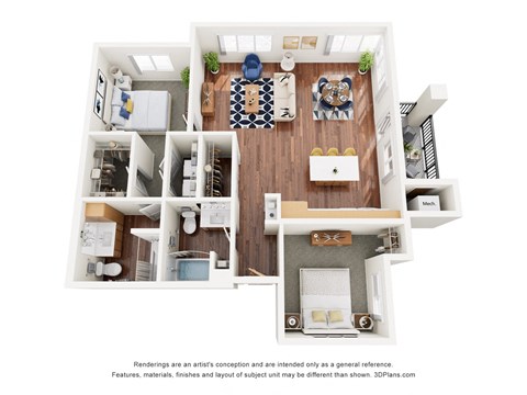 Floor plan for 2 beds, 2 baths, 1083 sqft